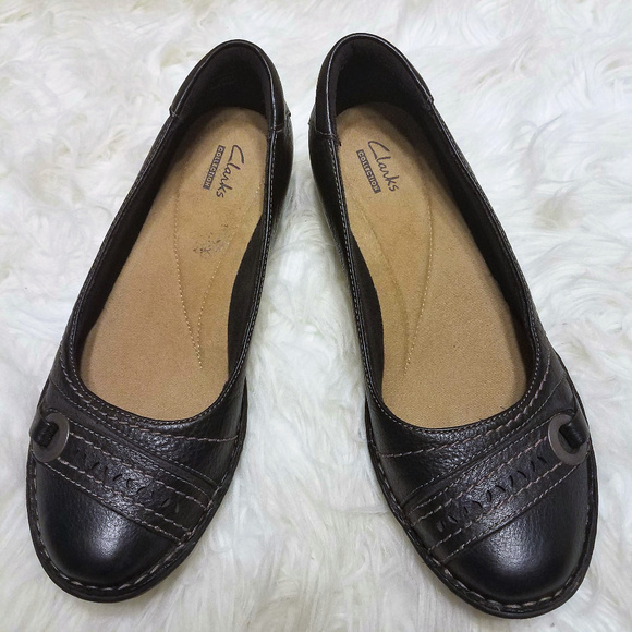 Clarks Shoes - Clarks Brown Leather Embellished Strap Toe Flats